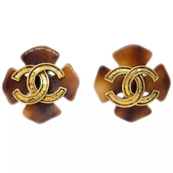 Chanel Clover Earrings Clip-On Brown 94P - Picture 1 of 4